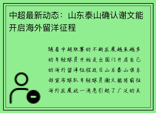 中超最新动态:山东泰山确认谢文能开启海外留洋征程 中超最新动态:山东泰山确认谢文能开启海外留洋征程